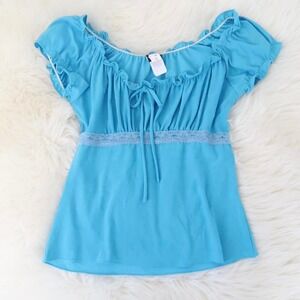 Vintage Y2K Aqua Blue Chiffon Babydoll Top Lace Trim Tie Front Size M